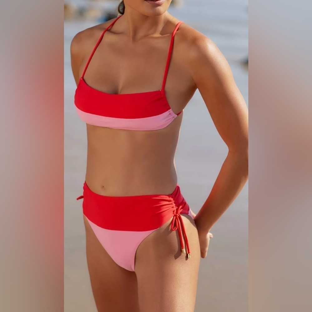 PQ Swim Luna Color Blocked Bikini Top (D) Ruched Bikini Bottoms (L)